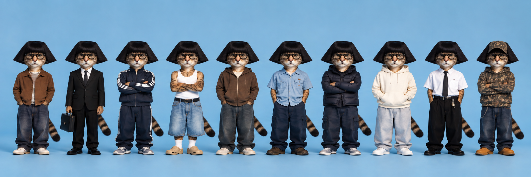 Casting lineup of FrankCat in ten outfits against a studio blue backdrop, same deadpan expression in every look.
